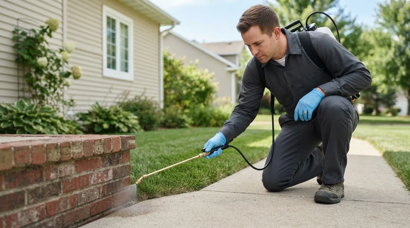 Pest control technician treating a home near Lahoma, OK