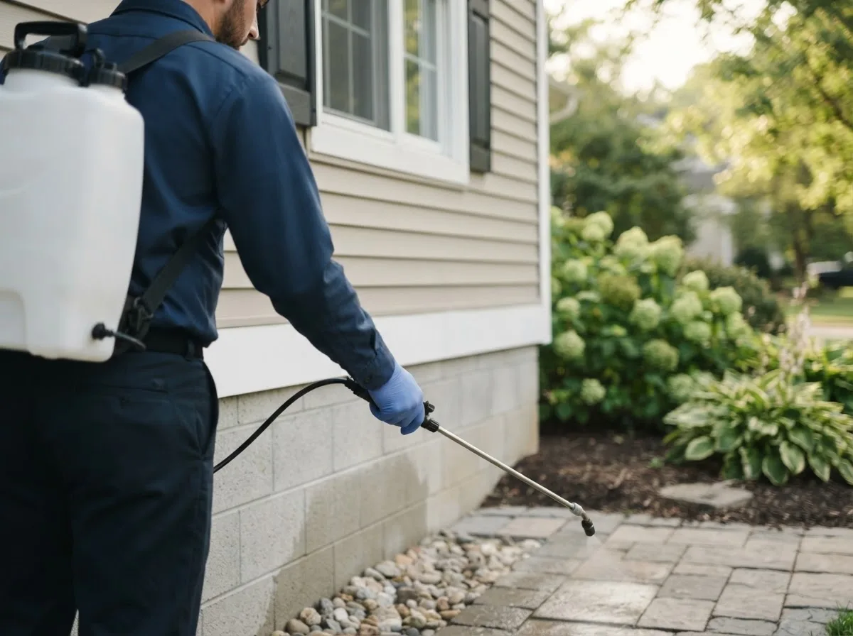 Pest control technician inspecting a home in Lahoma, OK
